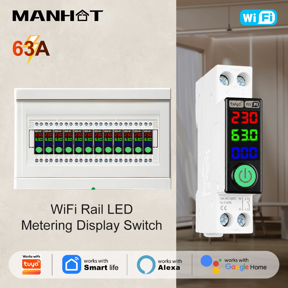 Energy Monitor Meter - マンホットWiFiサーキットブレーカーLEDディスプレイ電力計kWh電圧電流計プロテクター音声リモコンスイッチ1P+N 63A