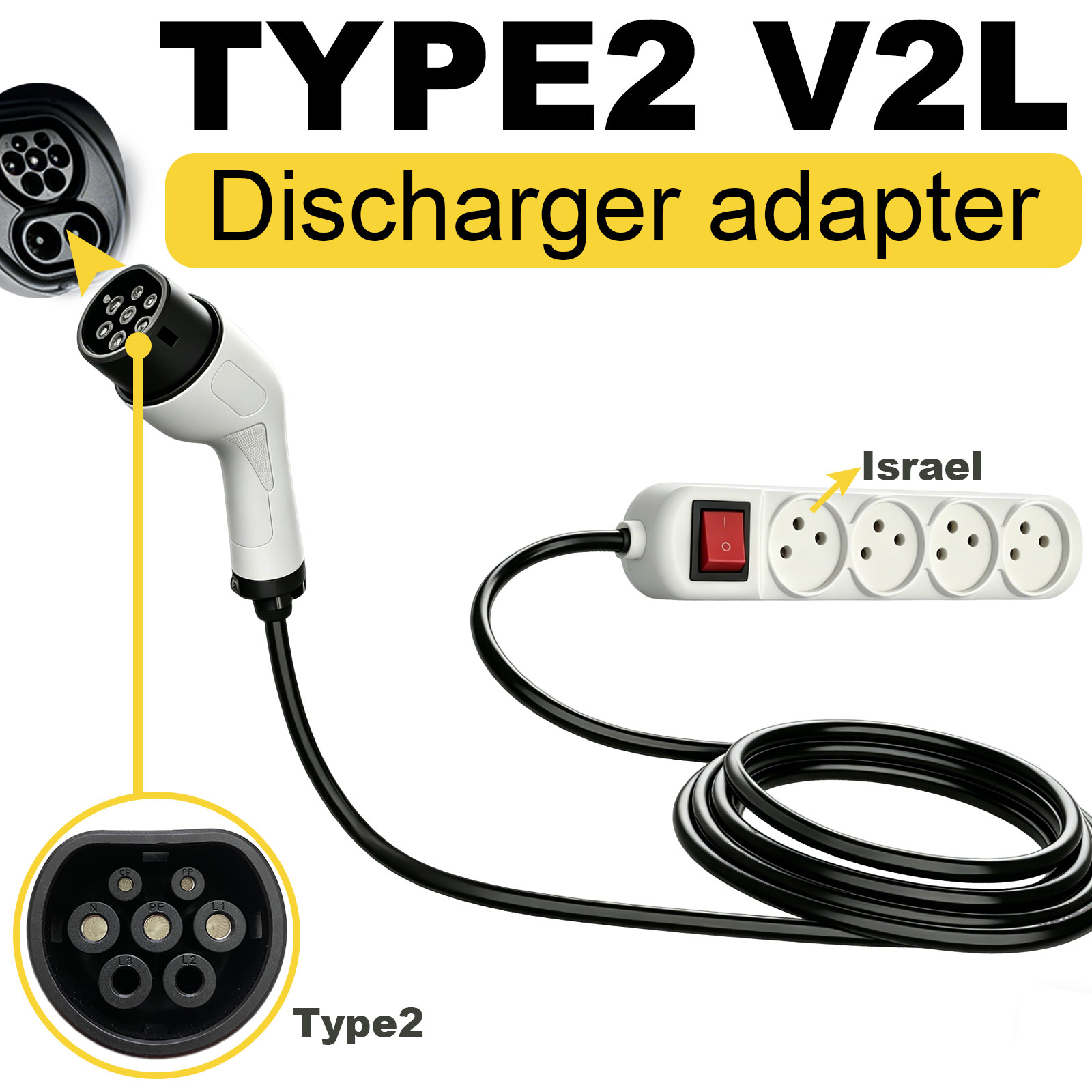 Outdoor Power Station - タイプ2 V2L放電アダプター イスラエルソケット EVから屋外電源ステーションへ ZEEKR、GWM、BYD、MG、LEAPMOTOR、Jaecoo、Geely EX5、Omoda、Nammi対応